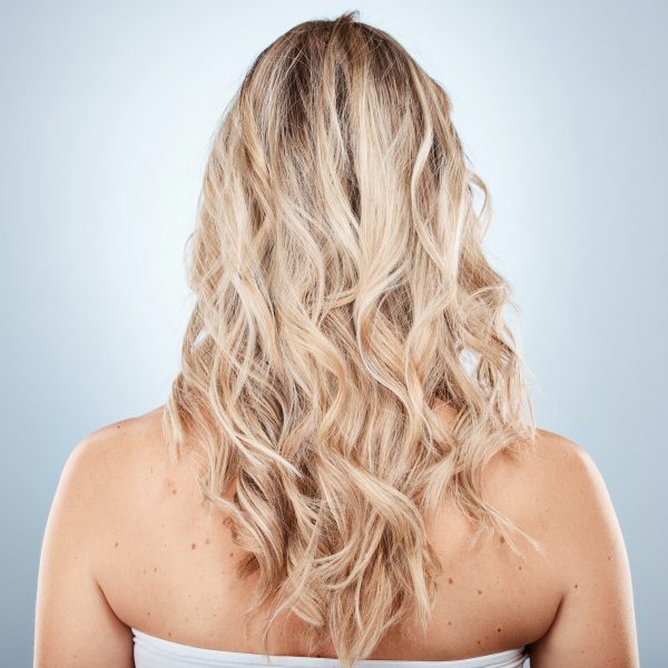 Hair care, beauty and back of woman in studio on a gray background. Balayage, hairstyle and female